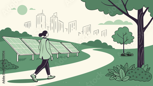 Embrace a sustainable future with this serene scene of a person strolling towards a solar energy farm in a lush green landscape, blending technology and nature