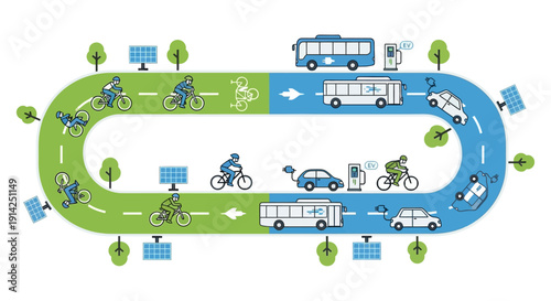 Vector illustration of a winding road with separate bike and vehicle lanes, featuring various modes of transportation and cyclists, isolated on transparent background