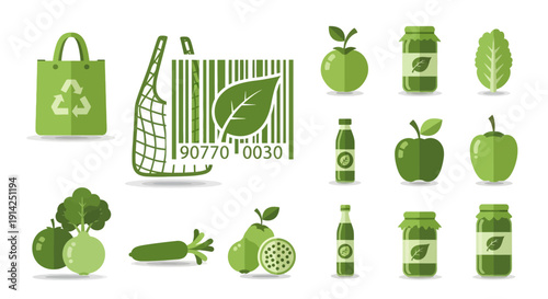 Green eco friendly icons of recyclable shopping bag, fruits, vegetables and healthy food products isolated on transparent background
