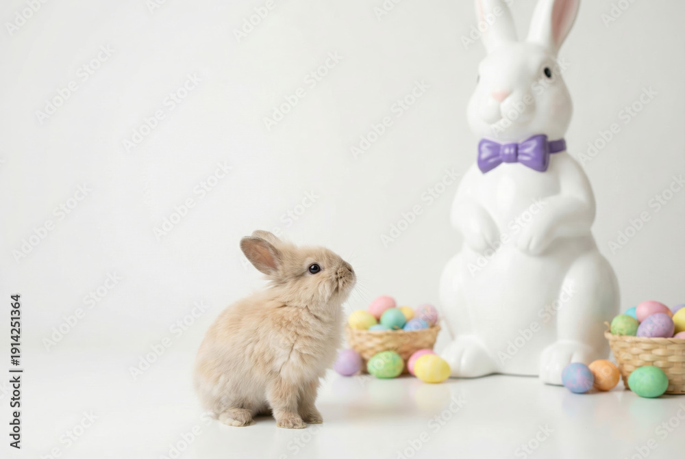 Fototapeta premium Small Real Rabbit Sitting Next to Large White Ceramic Bunny Figurine