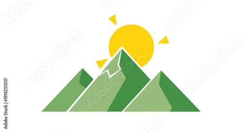 Vector illustration of green mountains with a yellow sun rising behind them, isolated on transparent background