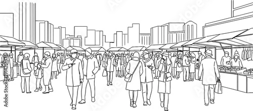 Black and white illustration of a bustling outdoor market isolated on transparent background