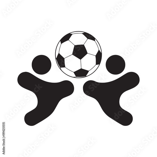Two abstract human figures reaching for a soccer ball, symbolizing sport, teamwork, and athletic competition in a minimalist black silhouette design