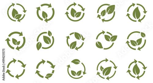 Set of green recycling symbols with leaves on white background