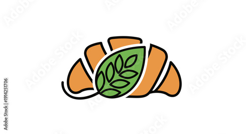 Vector illustration of a croissant with a green leaf on a transparent background