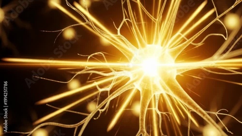 Glowing Golden Neuron Pulsing In Network. AI Generated