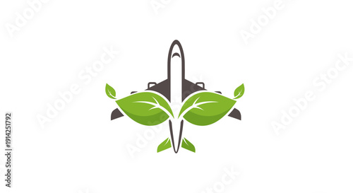 Vector logo of a gray airplane with green leaves sprouting from its wings, isolated on transparent background
