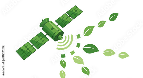 Vector illustration of a green satellite emitting leaves and eco-friendly signals isolated on transparent background