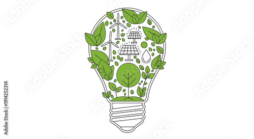 Vector illustration of a lightbulb filled with green leaves and eco-friendly concepts isolated on transparent background