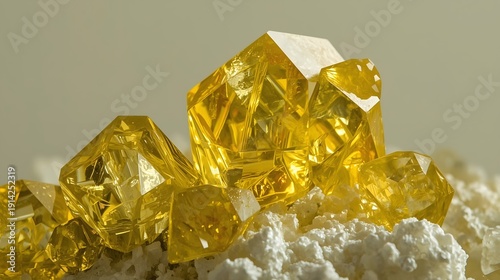 A high-detail 3D render of vibrant yellow translucent crystals with geometric facets growing from a white rocky substrate, perfect for jewelry, science, or wealth concepts