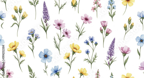 Watercolor Wildflower Seamless Pattern Delicate Botanical Floral Background