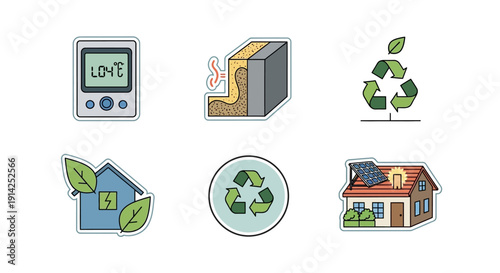 Eco friendly icons set with recycling symbols and sustainable living illustrations isolated on transparent background