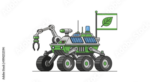 Vector illustration of a green robotic rover with solar panels and a mechanical arm, isolated on transparent background