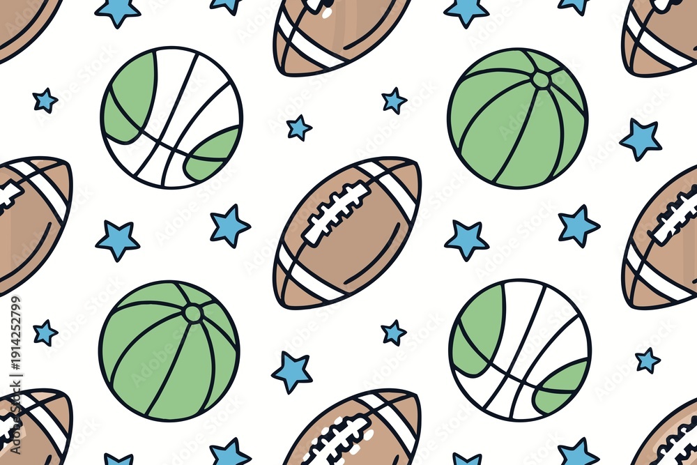Assorted sports balls and blue stars pattern on clean white background
