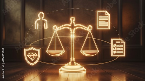 Elegant Neon Scales of Justice Symbol Representing Legal Services Law Compliance Ethics and Financial Integrity for Law Firms and Courts