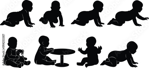 Silhouette collection of babies crawling, sitting, and playing in various poses, depicting infant growth stages, mobility, and interaction for educational and developmental concepts.