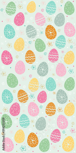 Cute Easter seamless pattern with flowers, easter eggs, beautiful background, great for Easter Cards, banner, textiles, wallpapers. vector. Instagram stories template, web online shopping concept. 