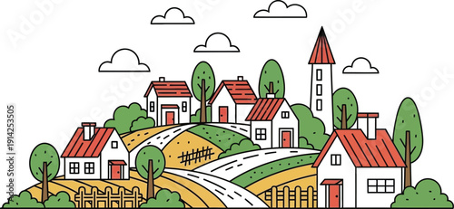 A cartoon village scene with houses and church isolated on transparent background
