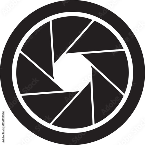 Black camera aperture diaphragm blades forming a circular opening also transparent background lens