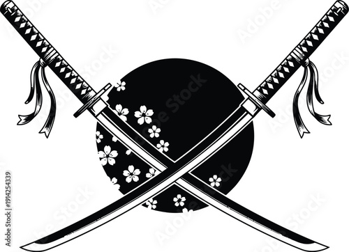 Traditional Japanese Katana Sword with Red Sun and Cherry Blossoms Illustration