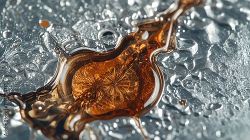 A high-detail 3D render showing molten golden metal flowing through a textured silver background with realistic water droplets, perfect for luxury, industry, or wealth concepts