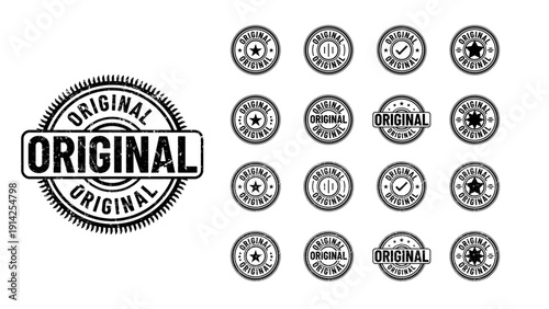 A collection of black and white original stamps on a clean white background