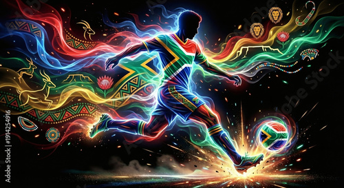 South Africa soccer player shooting, abstract neon silhouette with Table Mountain and Protea flower, African football concept