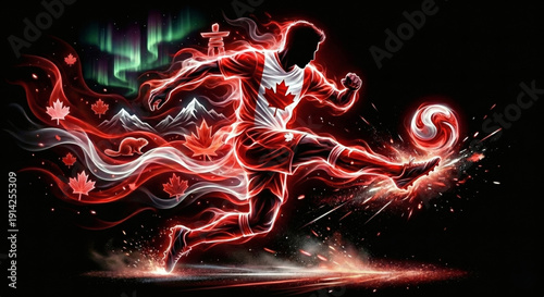 Canada soccer player running, abstract neon silhouette with Maple Leaf and Northern Lights, World Cup 2026 Host concept