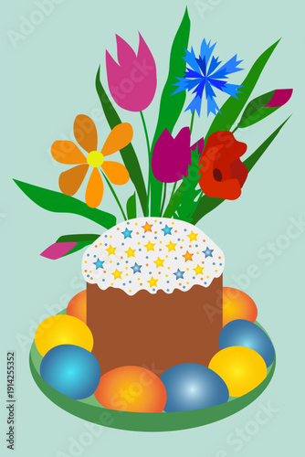 Colorful Easter illustration with traditional Easter cake decorated with white icing and sprinkled with stars, surrounded by painted eggs and spring flowers. Festive spring design. For Easter cards
