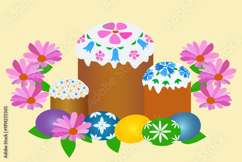 Easter illustration with three glazed Easter eggs, colorful Easter eggs and bright pink flowers. The Easter egg is decorated with floral patterns, and the eggs have geometric and floral ornaments