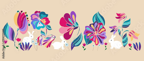 Fairytale Easter banner with white rabbits hidden among bright psychedelic flowers. Horizontal composition on a beige background, stylized botanical elements, magical inflorescences. For postcards