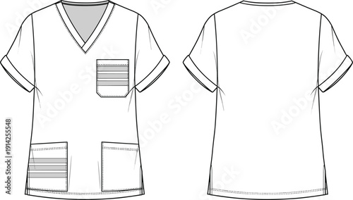 Women medical v neck scrub top with stripe pocket detail fashion technical sketch cad drawing flat vector illustration for apparel design