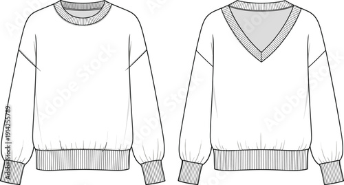 Women oversized crew neck sweatshirt with deep v back fashion technical sketch cad drawing flat vector illustration for apparel design