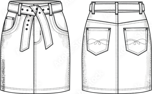 High waisted denim skirt technical flat sketch, front and back views, belted mini skirt template, fashion cad drawing flat vector illustration.