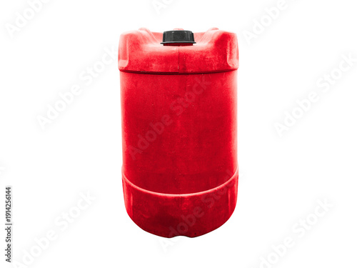Photos Industrial red plastic barrel with secure lid for safe fluid storage