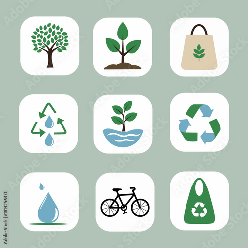 Eco Sustainability Icon Set Flat Green Environmental Collection