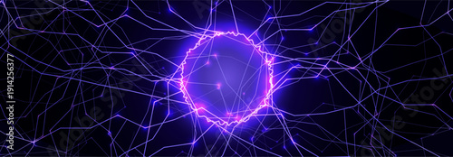 Energy Light Ring Neon Circle Net Web. Magic Portal Hole, Thunder Light Round Lightnin, Lightning Ball. Blue Purple Hole Light, Static Current Effect Background. Vector Illustration