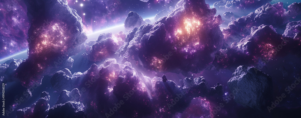 Fototapeta premium Glowing cosmic explosion with asteroids in deep space