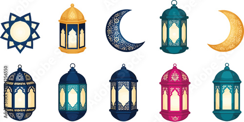 Vector illustration of ornate Islamic lanterns, crescent moons, and decorative motifs, symbolizing Ramadan, Eid, spirituality, celebration, and traditional festive artwork design
