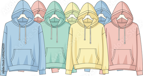 Vector illustration of seven pastel hooded sweatshirts on hangers, featuring front pockets and drawstrings, symbolizing casual fashion, apparel design, and lifestyle clothing