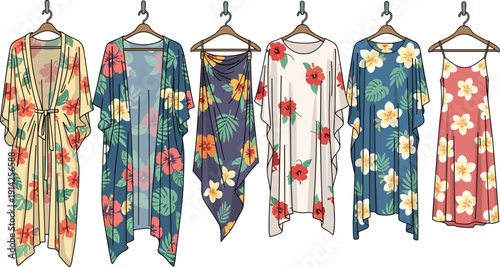 Vector illustration of six tropical floral garments including robes, kaftans, sarong, and sundress, symbolizing vacation fashion, summer apparel, and Hawaiian-inspired design