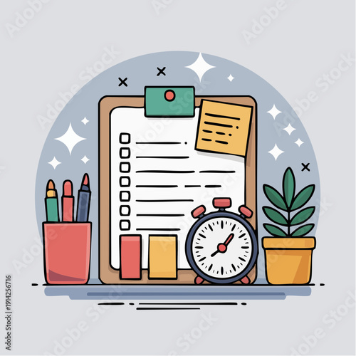 A clipboard with a checklist and alarm clock on a desk surrounded by office supplies during a business recession