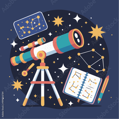 A telescope stands on a tripod, observing stars in the night sky during an economic recession, surrounded by astronomy notes