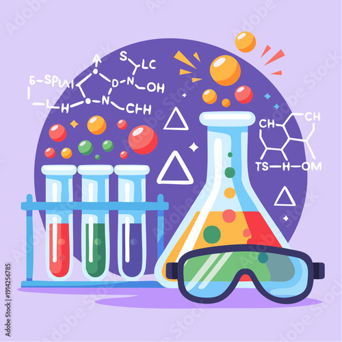 Scientists conducting experiments in a laboratory with various chemicals and equipment including test tubes and beakers with colorful liquids and safety goggles
