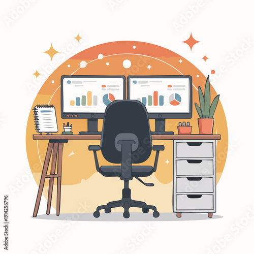 A modern office setup with dual monitors displaying recession analysis graphs on a sleek desk with a comfortable chair and a filing cabinet
