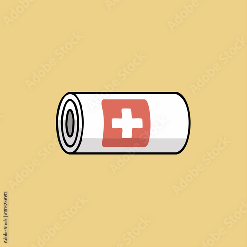 A white bandage with a red cross on it is rolled up and centered on a pale yellow background from a straightforward viewpoint.