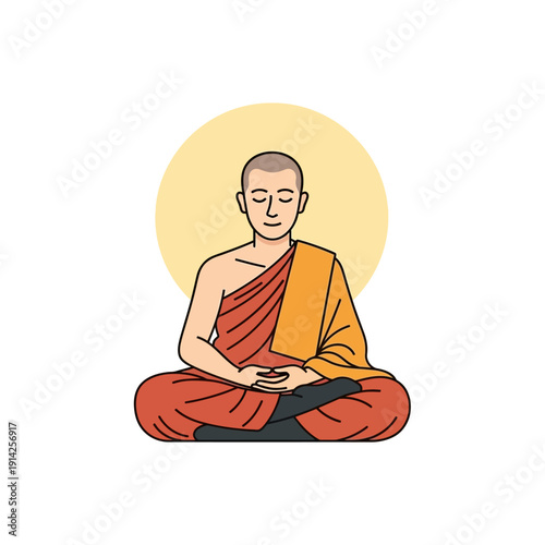 Buddhist monk meditating in lotus pose, serene enlightenment, saffron robes, halo