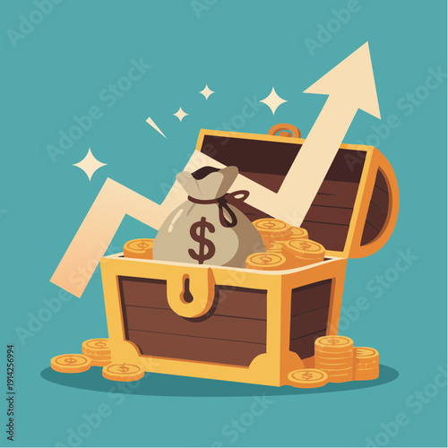 Treasure chest overflowing with gold coins and a money bag rising with an upward arrow indicating financial growth and prosperity in a vibrant illustration