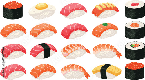 Nigiri sushi assortment vector set. Salmon, tuna, shrimp and roe pieces. Japanese cuisine flat illustration collection.
