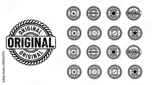 A collection of black and white original stamps on a clean white background